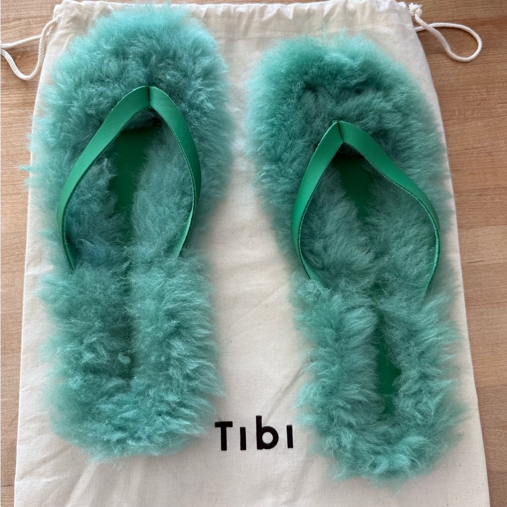 Tibi Bryan’s Shearling Flip Flops in Green size 40.5. Brand new never worn